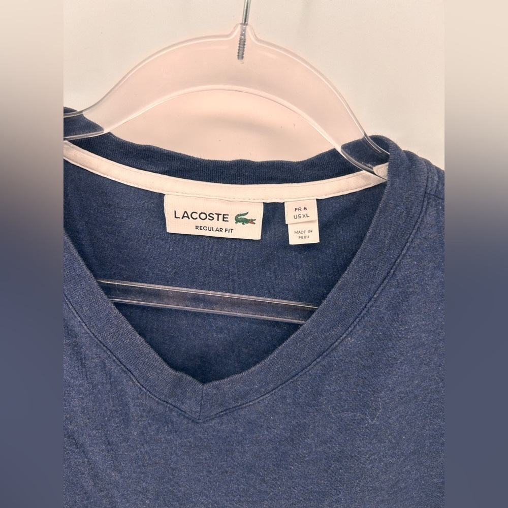Lacoste Shirt Men’s  XL Fr 6  Blue 100% Cotton V Neck Embroidered Lrg Logo - Picture 3 of 9